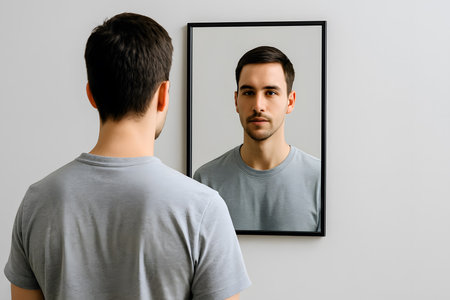 Mirror reflecting back of person's head showing disconnectionの素材