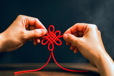 Traditional Chinese knot being tied with red cordの素材