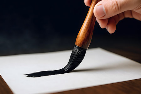 Traditional Chinese calligraphy brush mid-stroke with ink flowingの素材