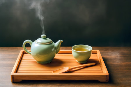 Traditional tea ceremony setup with single cup on wooden trayの素材