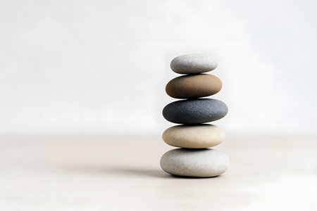 Balanced stones stacked in perfect harmony on smooth surfaceの素材