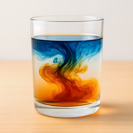 Two different colored liquids slowly mixing in clear glassの素材