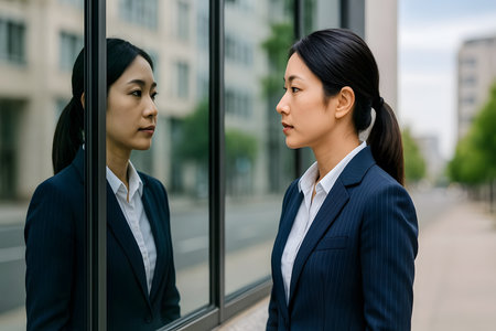 Professional woman looking at reflection in office building glassの素材