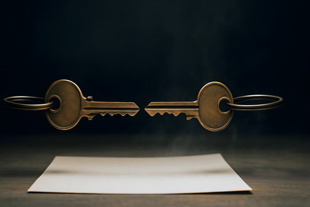 Two matching keys on separate keyrings touching at tipsの素材