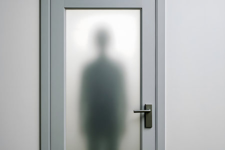Person's silhouette visible through frosted glass doorの素材