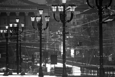 city lights shining in the morning sunの写真素材