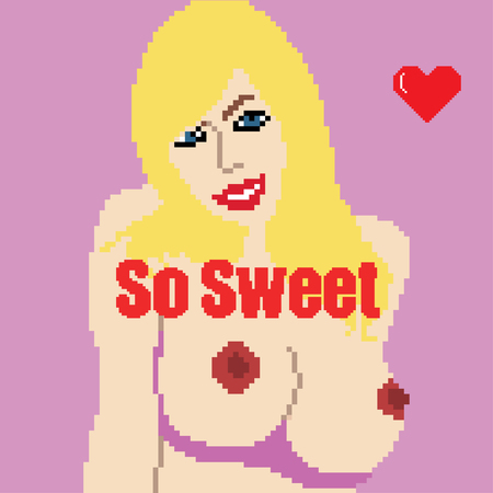 Pixel art sexy blonde girl with naked tits, blue eyes and red lips.のイラスト素材