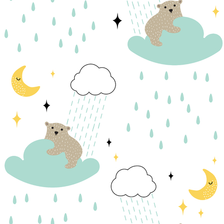 Seamless childish pattern with cute bear on the rainy cloud. Hand drawn vector illustration in scandinavian style. Creative kids texture for fabric, textile, apparel.のイラスト素材