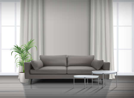 3d realistic vector living room interior with windows, curtains, sofa with coffee tables.のイラスト素材