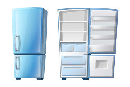 Vector cartoon style closed and open refrigerator with shelves. Isolated on white background.のイラスト素材