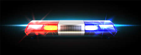 3d realistic vector top headlights of police car. Glowing in the dark on black background.