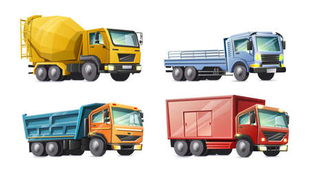 Vector cartoon style collection of colorful kids trucks. Isolated on white background.のイラスト素材