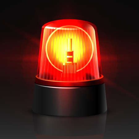 3d realistic vector red police car top light glowing in the dark on black background.
