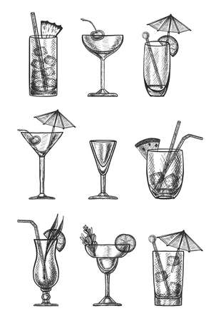 Vector hand drawn collection of cocktails on white background.の写真素材