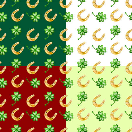 Four color vector seamless patter of good luck, with horseshoe and clever leaves.のイラスト素材