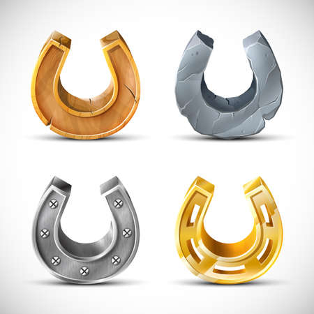 Vector collection of cartoon horseshoe in different shapes made of wood, metal, gold and stone.のイラスト素材