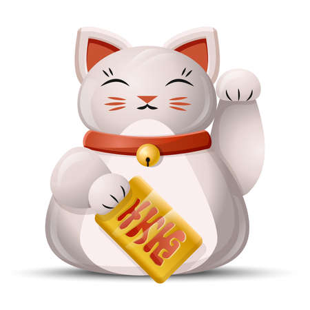 Vector cartoon flat style Maneki Neko cat with waving paw. Japanese lucky cat.のイラスト素材