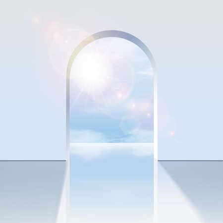 realistic vector white arch with a view on the blue sky with sunlight reflection.のイラスト素材