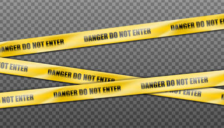 3d realistic vector hazard yellow striped ribbon,caution tape of warning signs for crime scene or construction area. Isolated on transparent.のイラスト素材