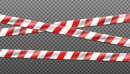 3d realistic vector hazard white and red striped ribbon, caution tape of warning signs for crime scene or construction area. Isolated on transparent.のイラスト素材