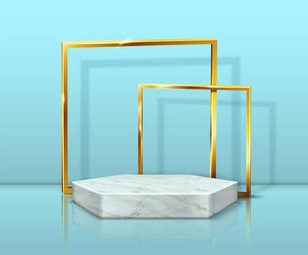 3d realistic vector marble hexagon stand and golden frames of blue background.のイラスト素材