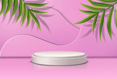 realistic vector pink background with round stage with tropical leaves on the sides.のイラスト素材