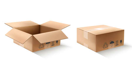 3d realistic vector carton boxes in open and closed view. Isolated icon illustration on white...