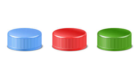 3d realistic collection of red, green, blue plastic bottle caps in side view. Mockup with pet screw lids for water, beer, cider of soda. Isolated icon illustration.のイラスト素材