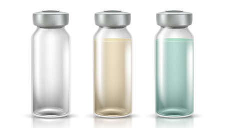 realistic vector icon illustration of medicinal glass bottles for injections or vaccines. Isolated on white background.のイラスト素材