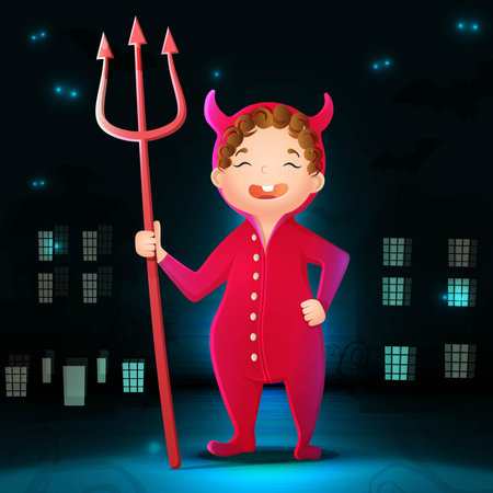 collection of cartoon Halloween character devil with dark city background, bats and glow in the darkness.のイラスト素材