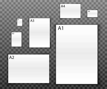 realistic blank space paper collection of different sizes sheets on transparent background.のイラスト素材