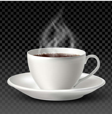 3d realistic vector white porcelain cup with tea or coffee inside and a plate on white background.のイラスト素材