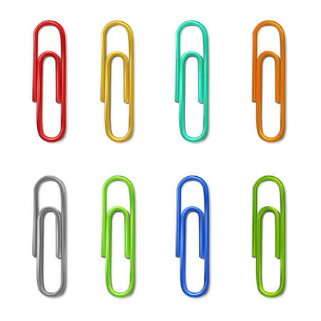 3d realistic colorful collection of paperclips. Isolated on white background.のイラスト素材