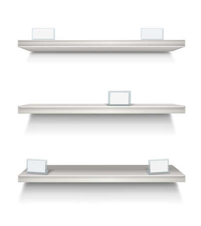 realistic vector white supermarket shelves on white background with price tags or signs.のイラスト素材