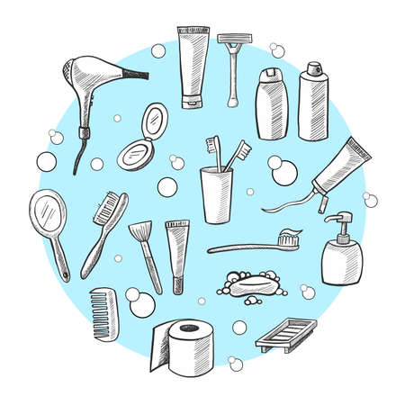 Big hand drawn bathroom collection of icons: hair dryer, brushes, tooth paste, soap, toilet paper, mirror, shampoo and cosmetic bottles.のイラスト素材