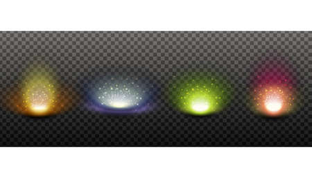 Vector collection of explosive light golden shine effects in different colors. Bright sunny light with sparkles. Isolated illustration. Design game element.のイラスト素材