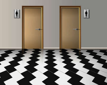 Vector realistic interior of public toilet of female and man entrance with wooden doors and with corridor tilled floorのイラスト素材