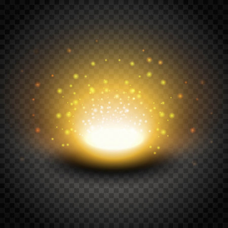 Vector explosive light golden shine effect. Bright sunny light with sparkles. Isolated illustration.のイラスト素材