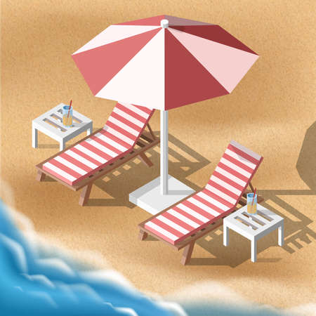 Vector isometric summer illustration. Two sunbeds with umbrella on the sand beach with a sea.のイラスト素材