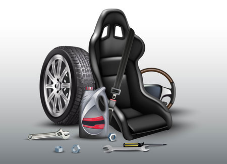 Car repair service background. Realistic vector illustration with car seat, wheels, oil plastic bottle.のイラスト素材