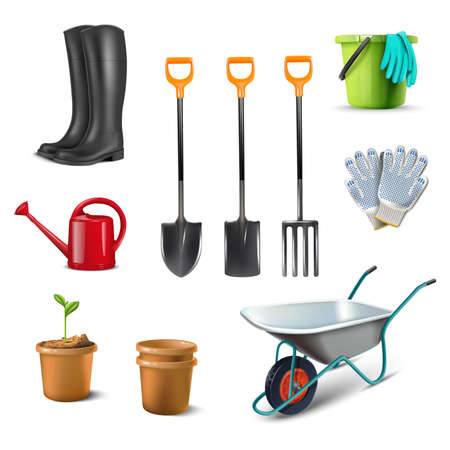 3d realistic vector collection of icon illustrations of garden utensils, wheelbarrow, rubber boots, pot, worker gloves, pots.のイラスト素材