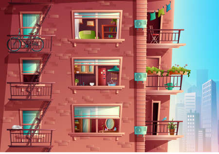 Vector cartoon style of building facade in side view with balconies and skyscrapers on the background. Multi storied building with windows and doors, house roofs. With interior kitchen.のイラスト素材