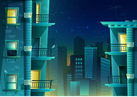 Vector cartoon style building in side view with a view on a city downtown.のイラスト素材
