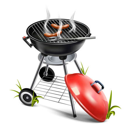 3d realistic vector icon illustration of a grill with sausages and smoke. Isolated on white background.のイラスト素材