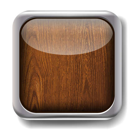 Vector 3d realistic app button. Icon in wood texture with metal border. Isolated icon on white background.のイラスト素材