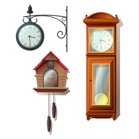Vector cartoon style watch collection, wall watch, floor. Isolated on white background.のイラスト素材