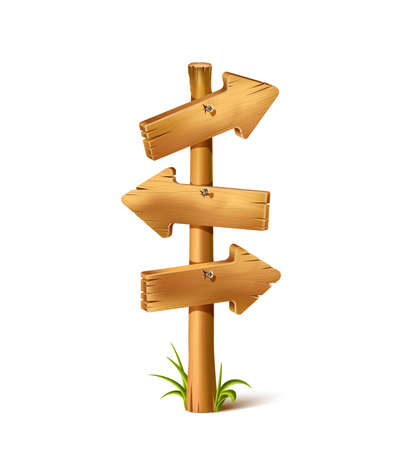 Vector cartoon wooden arrow sign with different angles showing directions, with rustic wood and nails. Isolated icon illustration on white background.のイラスト素材