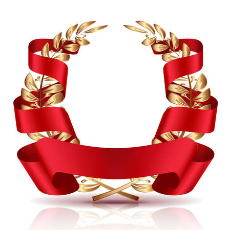 Vector golden wreath with red ribbon.のイラスト素材