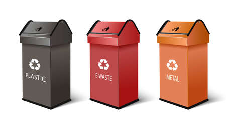 3d realistic vector recycling bins for plastic, e-waste and metal products, with recycling symbol on top in black, red and orange color. Isolated on white background.のイラスト素材