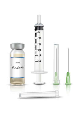 3d realistic vector sample set for one dose vaccine injection with one ampule, syringe and needle. Isolated icon illustration.のイラスト素材